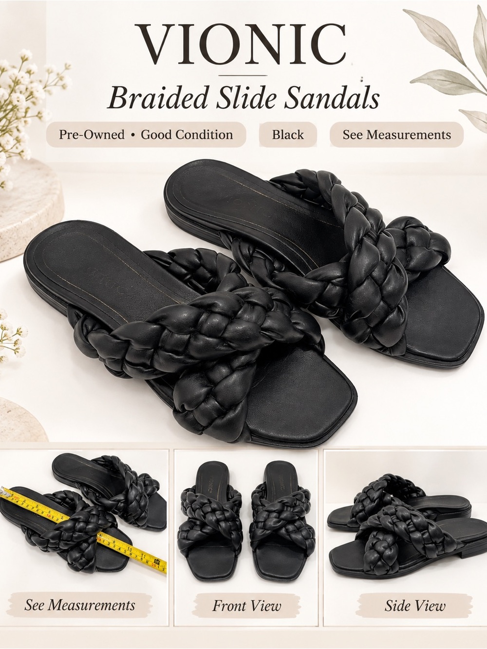 Vionic Black Braided Slide Sandals size 7-7.5